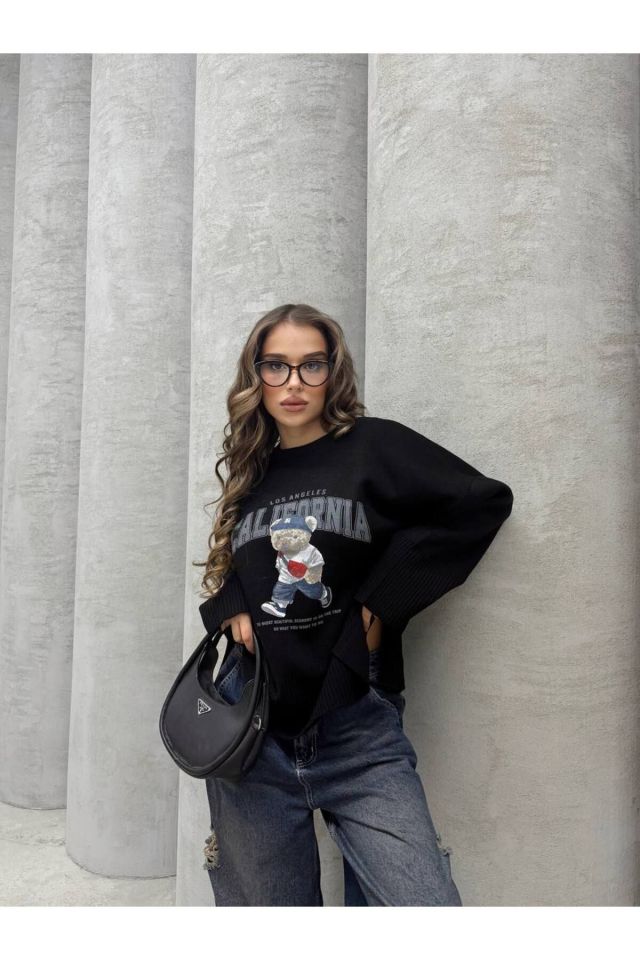 Ayıcık Baskılı Triko Oversize Kazak SİYAH - Standart
