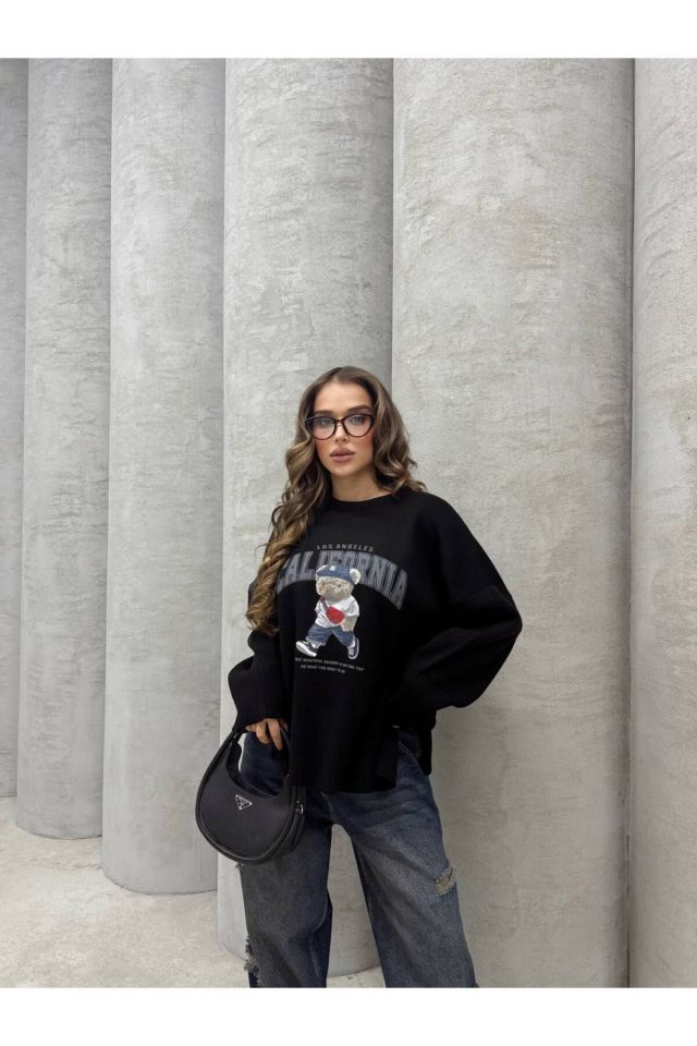 Ayıcık Baskılı Triko Oversize Kazak SİYAH - Standart