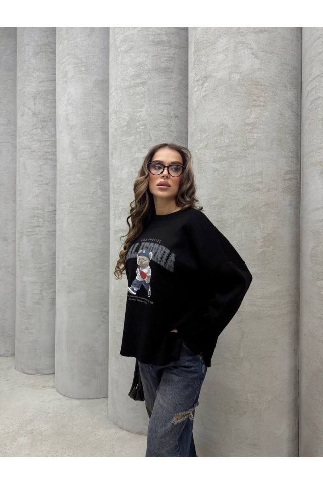 Ayıcık Baskılı Triko Oversize Kazak SİYAH - Standart