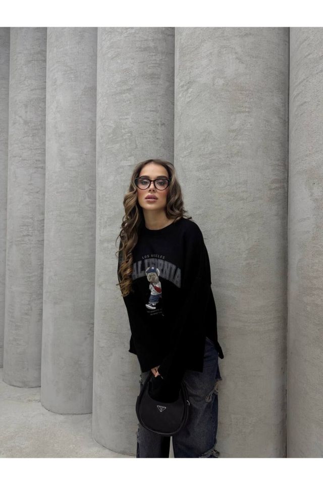 Ayıcık Baskılı Triko Oversize Kazak SİYAH - Standart