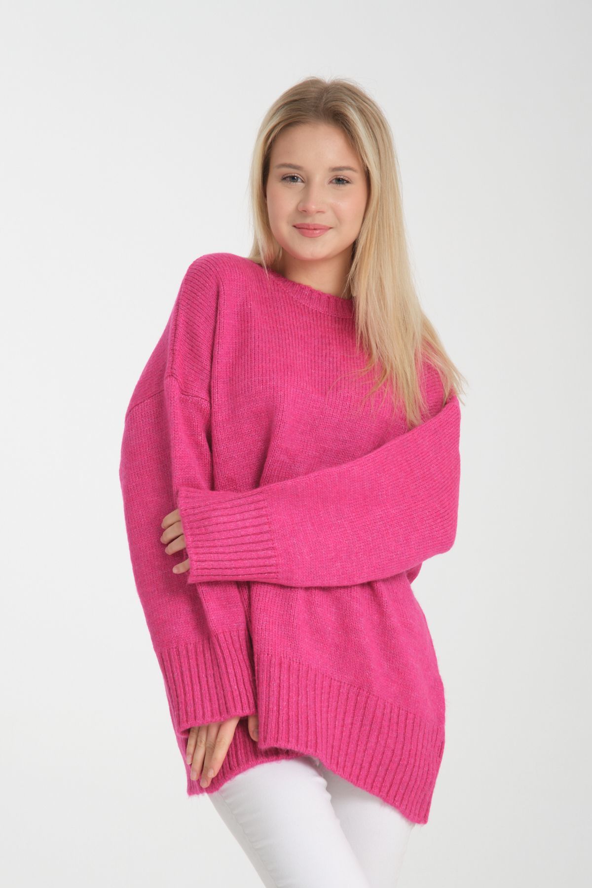 Oversize Basic Uzun Kadın Kazak FUŞYA - Standart