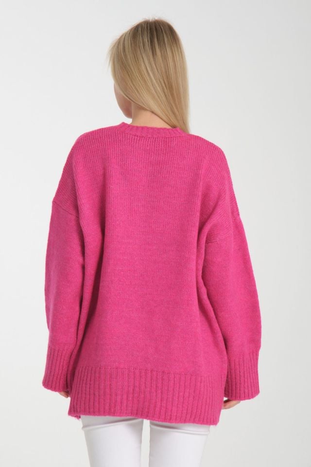 Oversize Basic Uzun Kadın Kazak FUŞYA - Standart