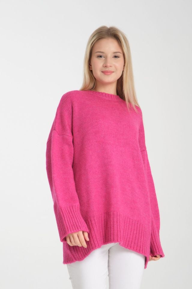 Oversize Basic Uzun Kadın Kazak FUŞYA - Standart