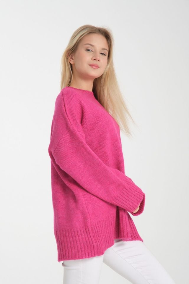 Oversize Basic Uzun Kadın Kazak FUŞYA - Standart
