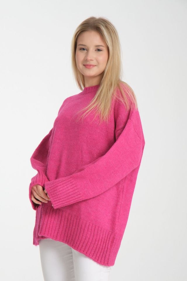 Oversize Basic Uzun Kadın Kazak FUŞYA - Standart