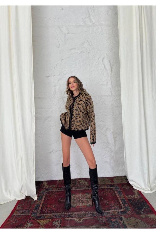 Leopar Desenli Triko Oversize Hırka KAHVE - Standart