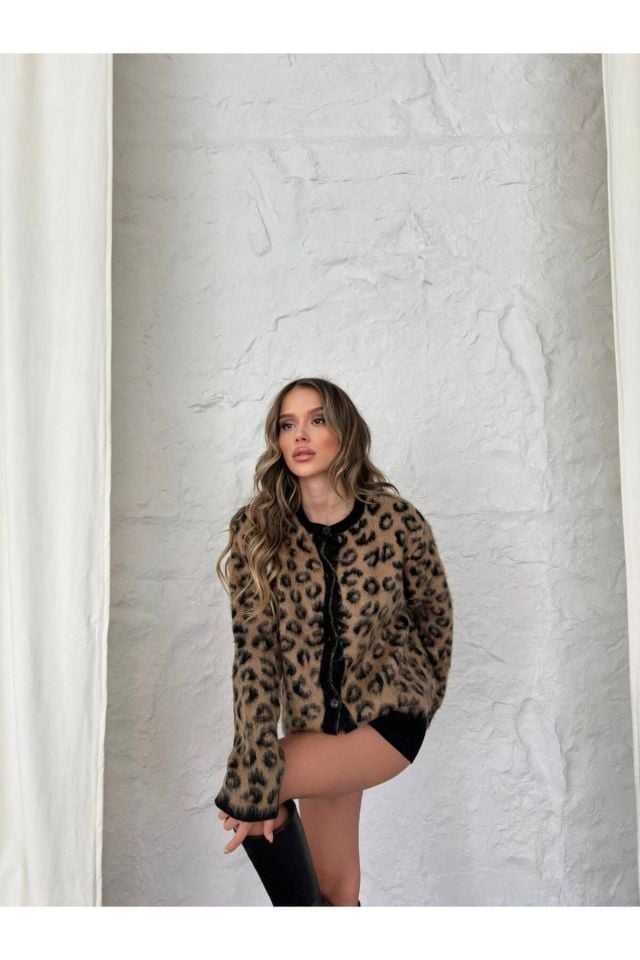 Leopar Desenli Triko Oversize Hırka KAHVE - Standart