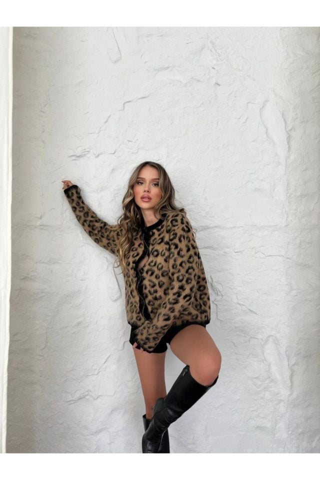 Leopar Desenli Triko Oversize Hırka KAHVE - Standart