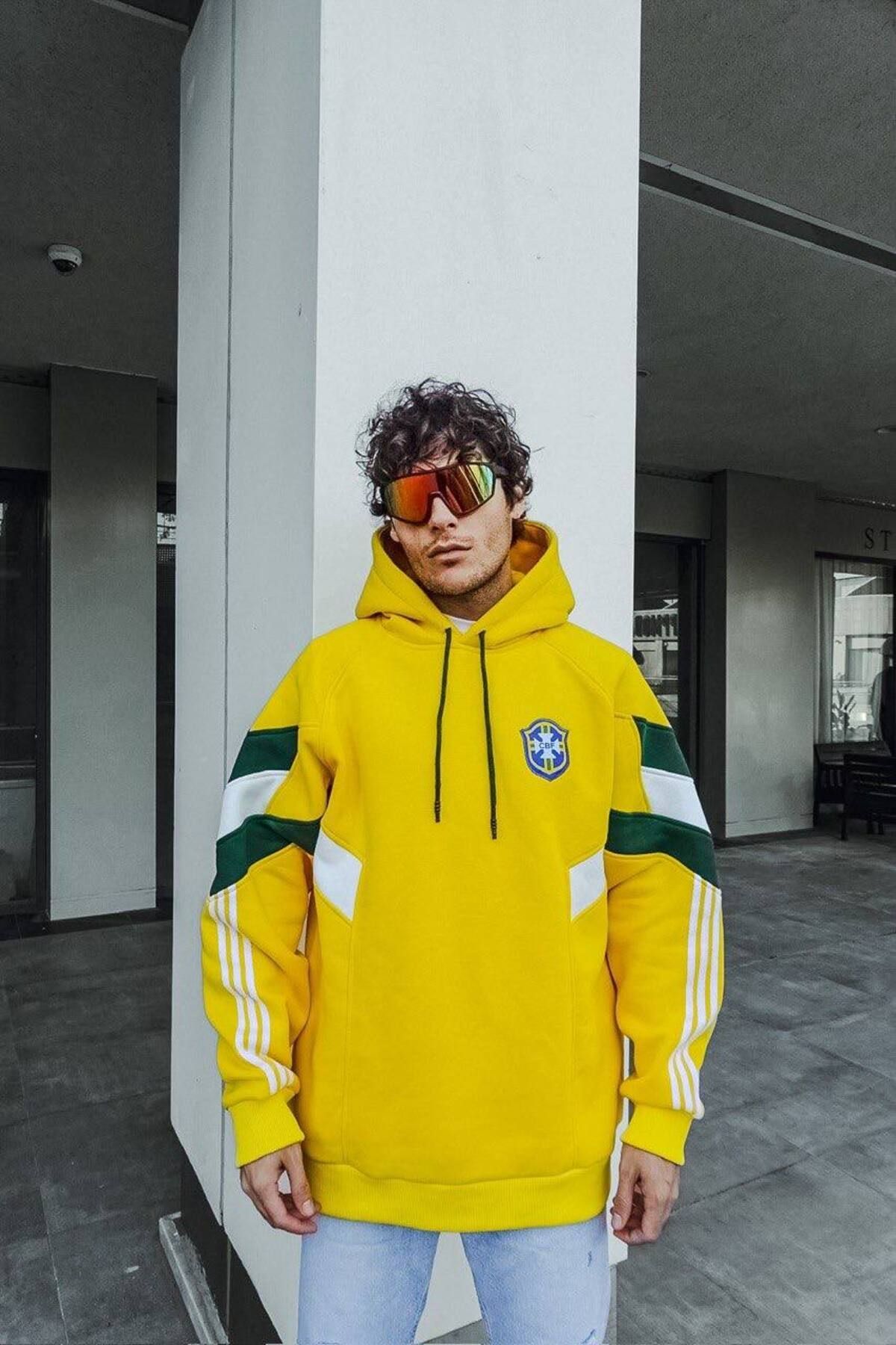 Brazil Oversize Unisex Kapüşonlu Sweatshirt SARI - L
