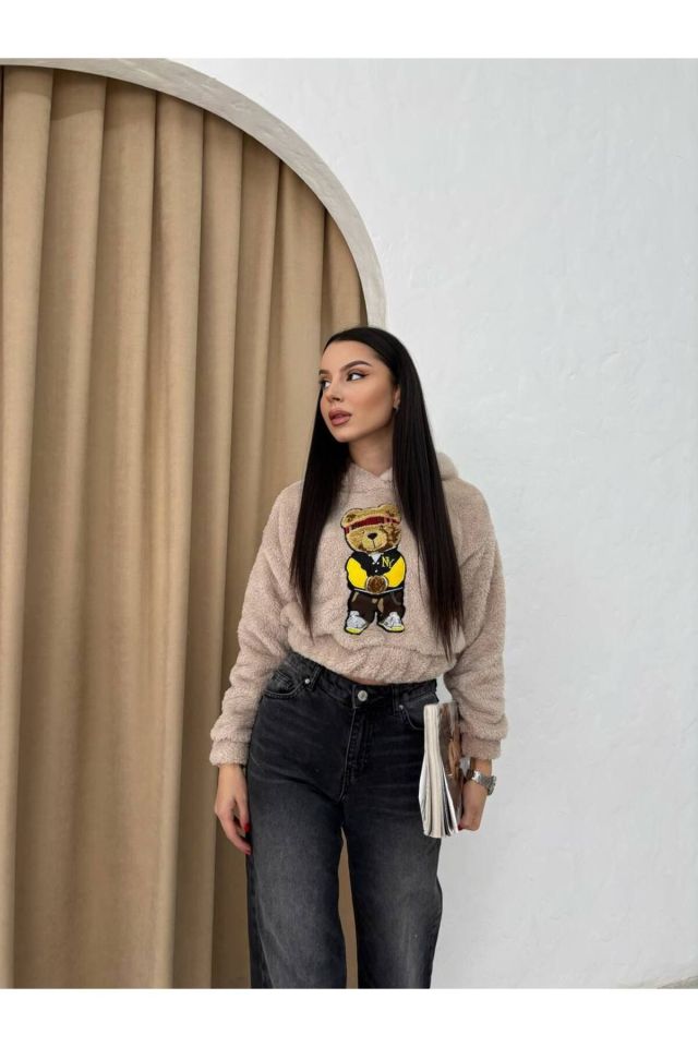Kapüşonlu Peluş Ayı Nakışlı Crop Sweatshirt
