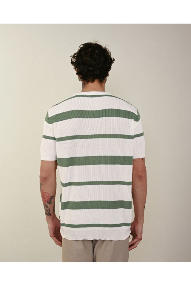 Premium Oversize Çizgili Triko Tshirt YEŞİL - L