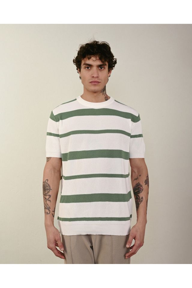 Premium Oversize Çizgili Triko Tshirt YEŞİL - L