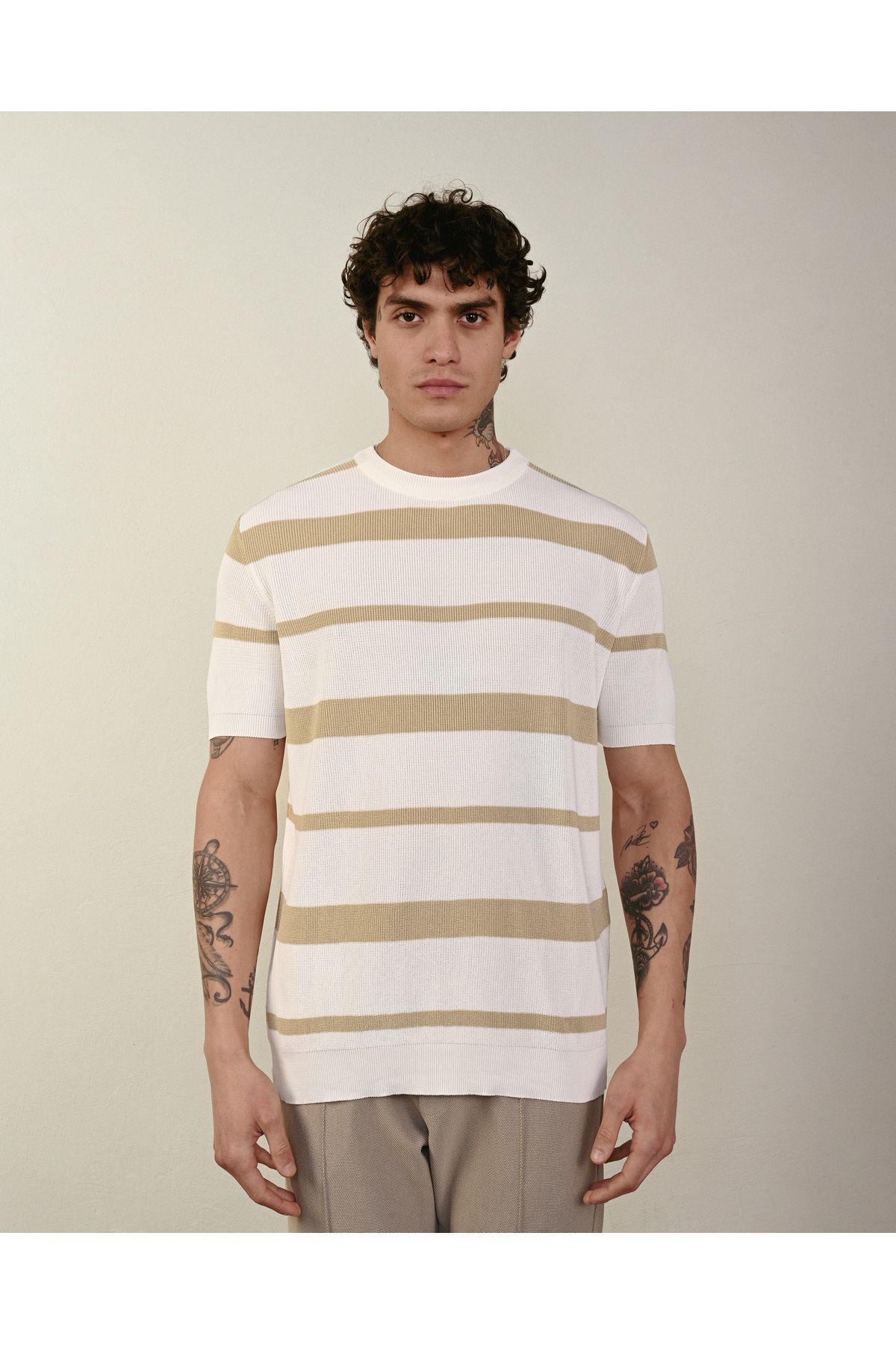 Premium Oversize Çizgili Triko Tshirt KREM - M