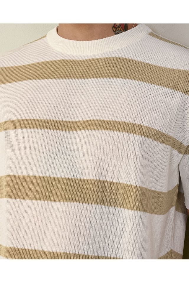Premium Oversize Çizgili Triko Tshirt KREM - M