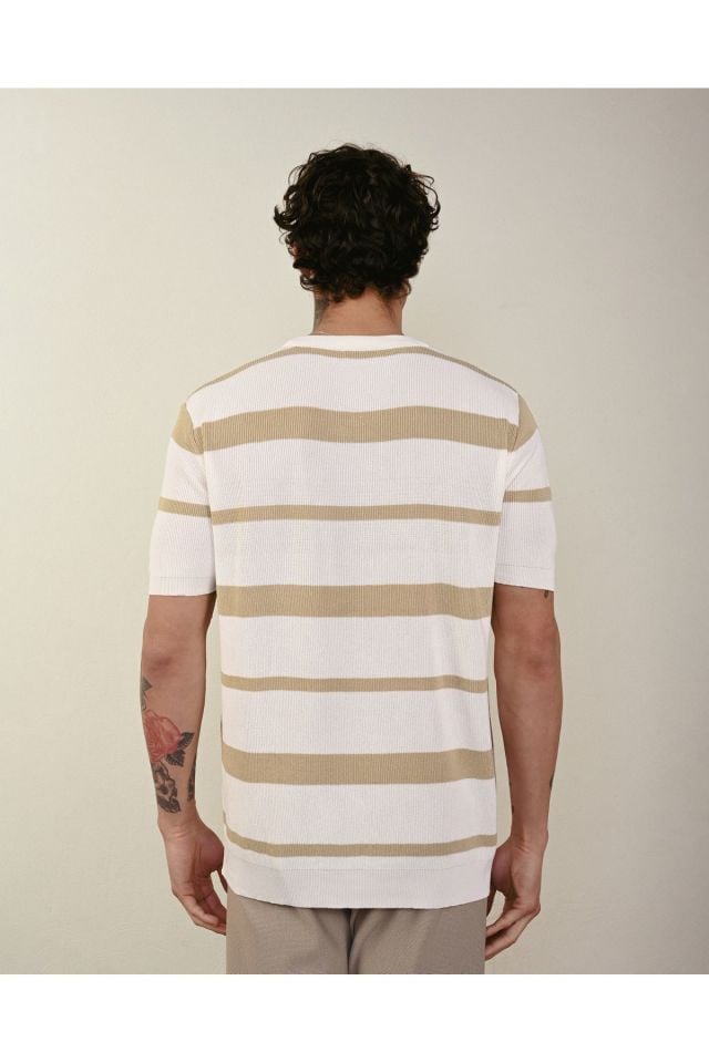 Premium Oversize Çizgili Triko Tshirt KREM - M