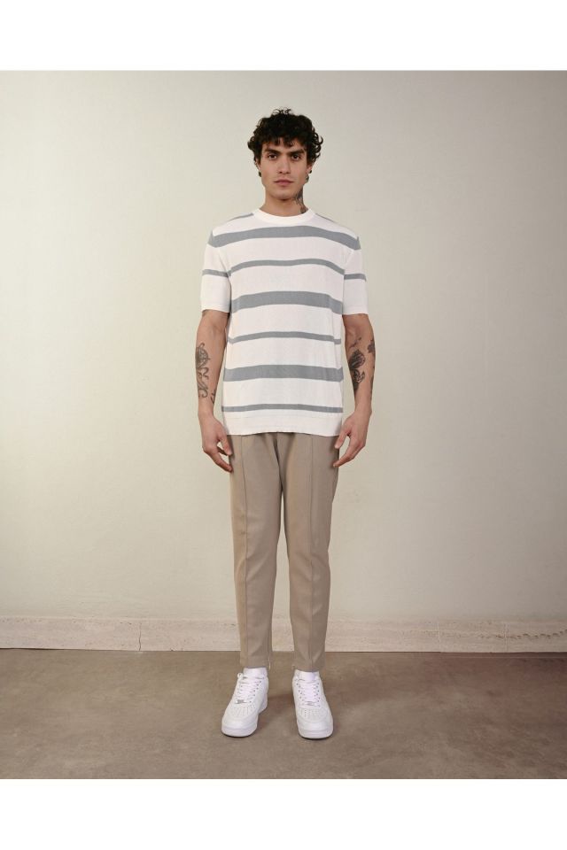 Premium Oversize Çizgili Triko Tshirt GRİ - XL