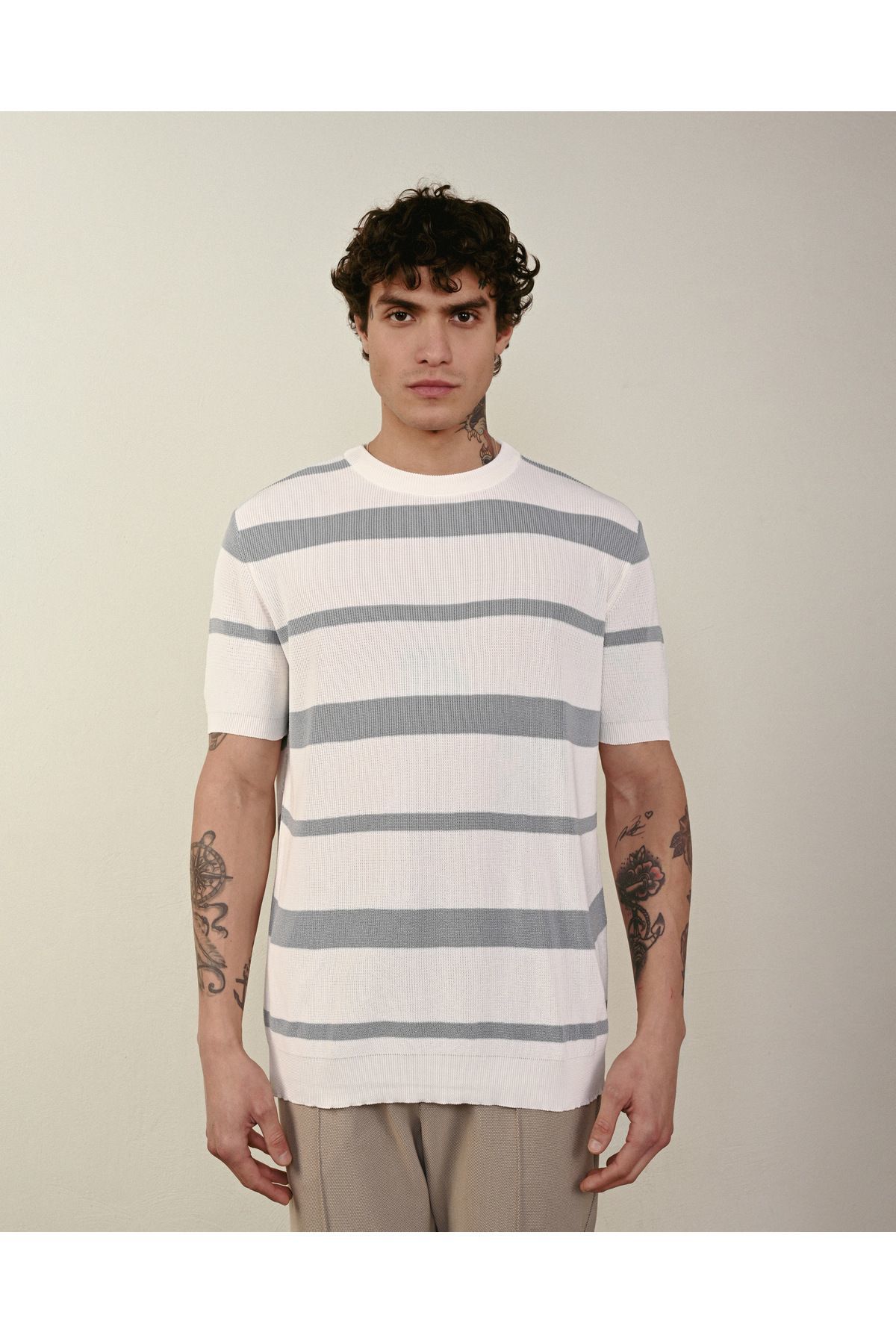 Premium Oversize Çizgili Triko Tshirt GRİ - XL