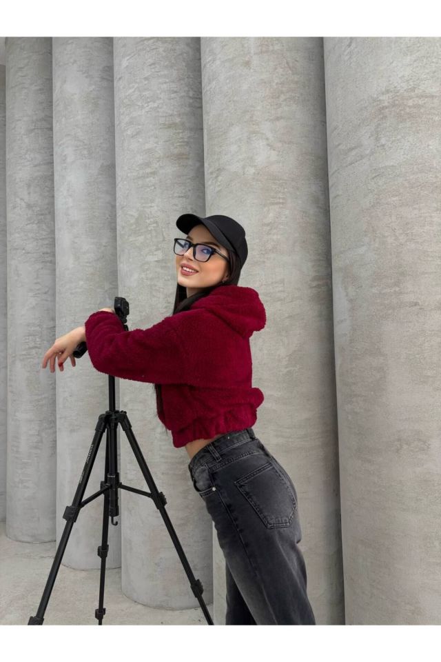 Kapüşonlu Peluş Ayı Nakışlı Crop Sweatshirt BORDO - M