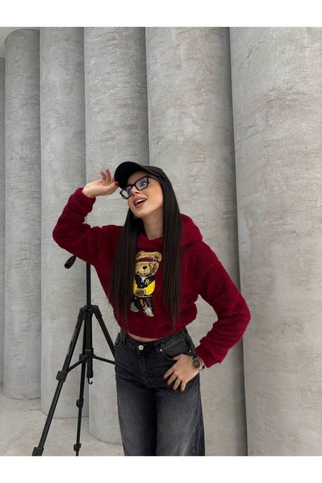 Kapüşonlu Peluş Ayı Nakışlı Crop Sweatshirt BORDO - M