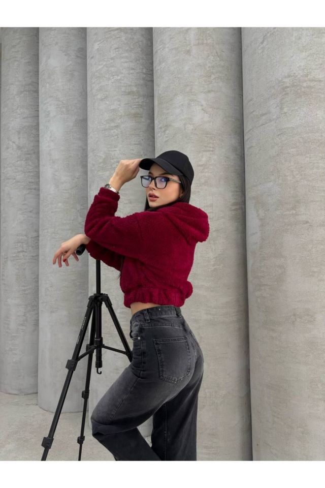 Kapüşonlu Peluş Ayı Nakışlı Crop Sweatshirt BORDO - M