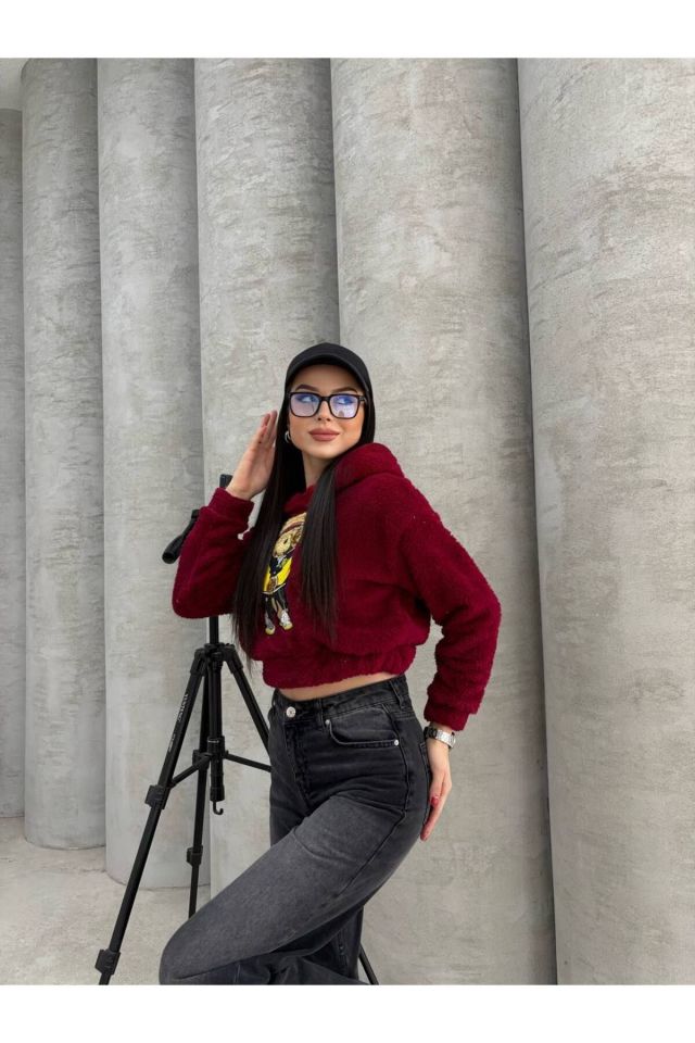 Kapüşonlu Peluş Ayı Nakışlı Crop Sweatshirt BORDO - M