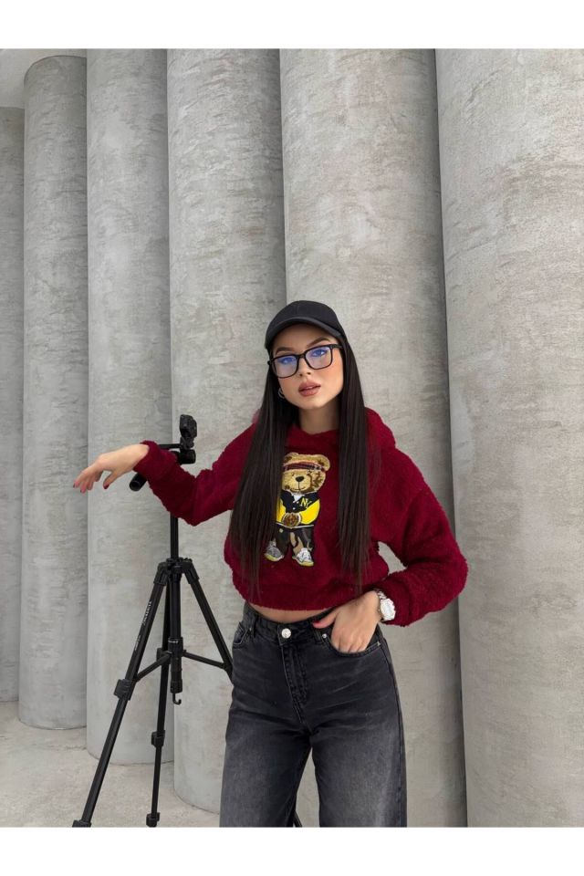 Kapüşonlu Peluş Ayı Nakışlı Crop Sweatshirt BORDO - M