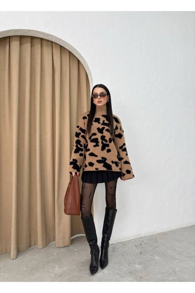 Boğazlı Leopar Desen Geniş Kol Triko Kazak KAHVE - Standart