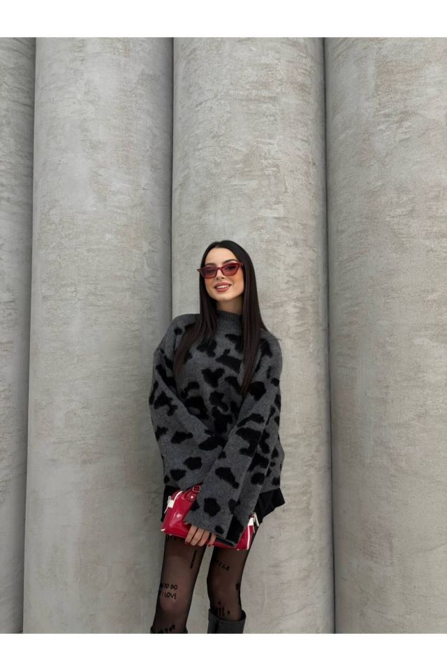 Boğazlı Leopar Desen Geniş Kol Triko Kazak FÜME - Standart