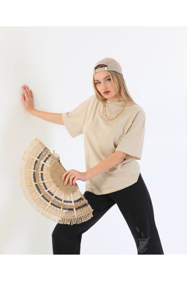 Pamuklu Unisex Oversize Basic T-shirt KREM - L