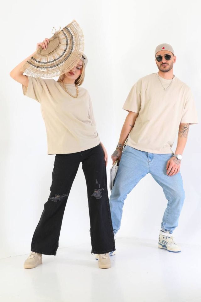 Pamuklu Unisex Oversize Basic T-shirt KREM - L