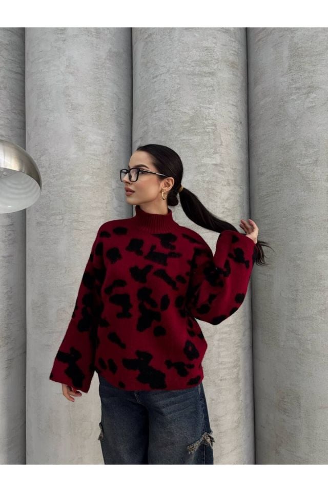 Boğazlı Leopar Desen Geniş Kol Triko Kazak BORDO - Standart