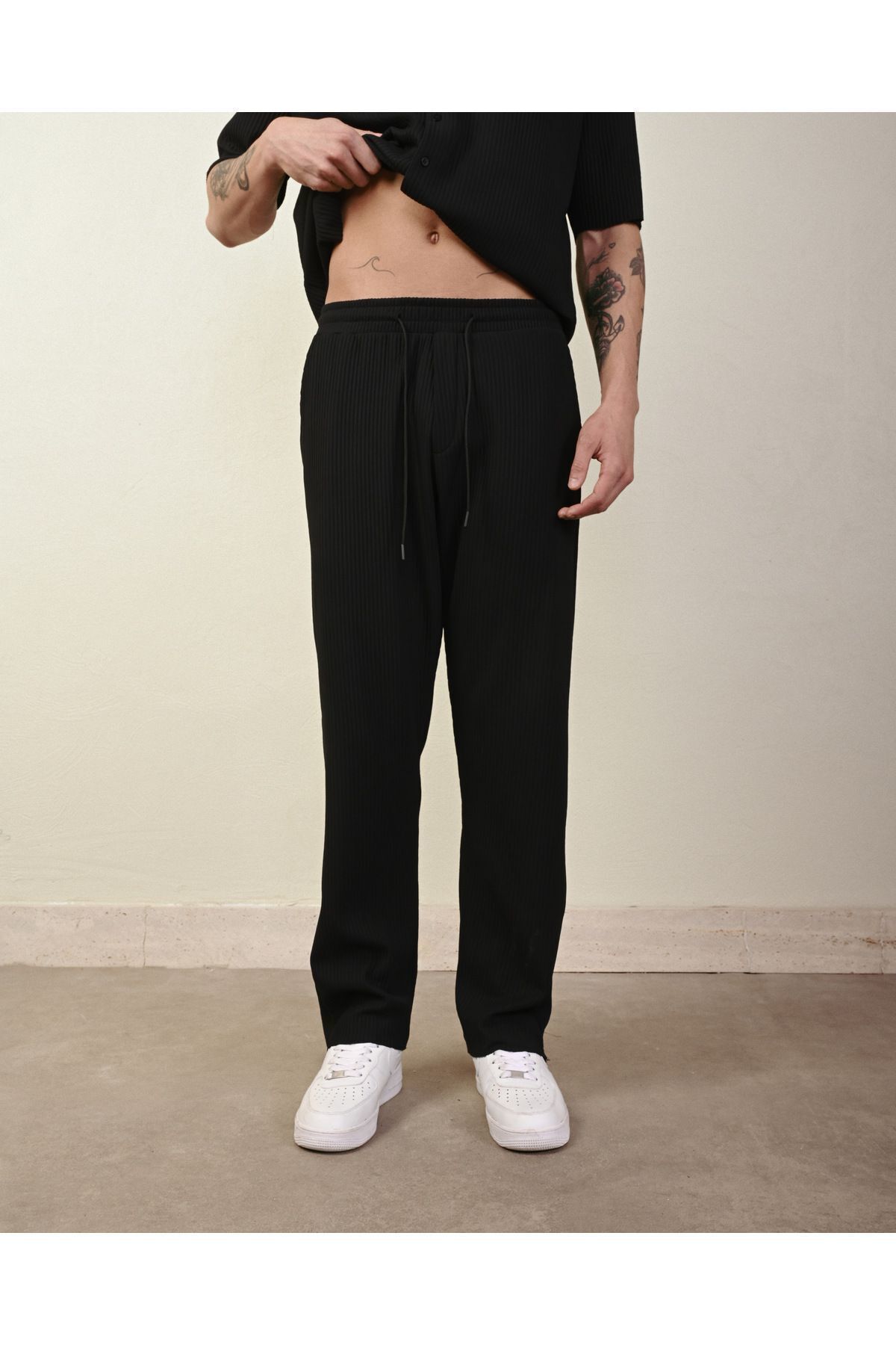 Fitilli Oversize Ottoman Pantolon SİYAH - L