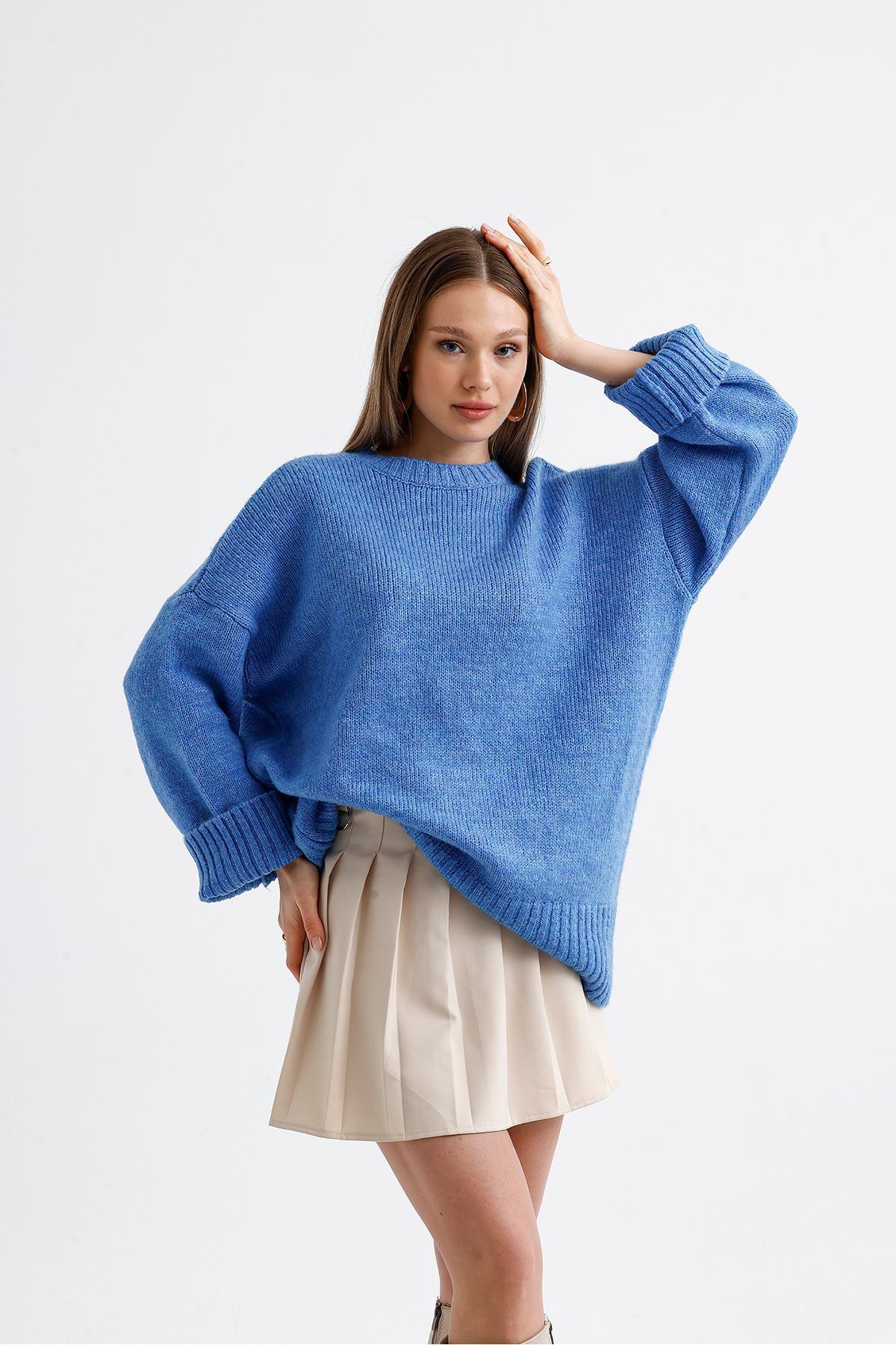 Oversize Basic Uzun Kadın Kazak MAVİ - Standart