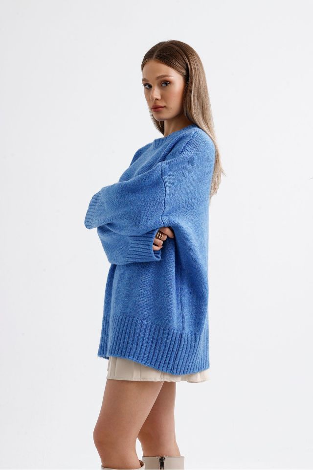 Oversize Basic Uzun Kadın Kazak MAVİ - Standart