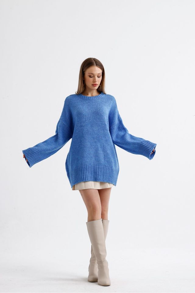 Oversize Basic Uzun Kadın Kazak MAVİ - Standart