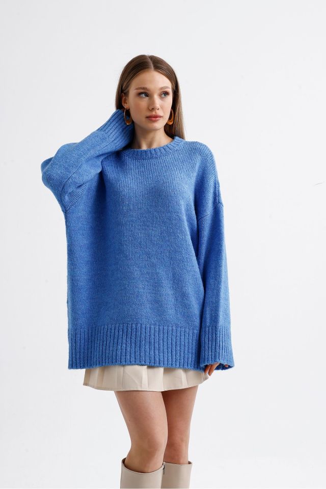 Oversize Basic Uzun Kadın Kazak MAVİ - Standart
