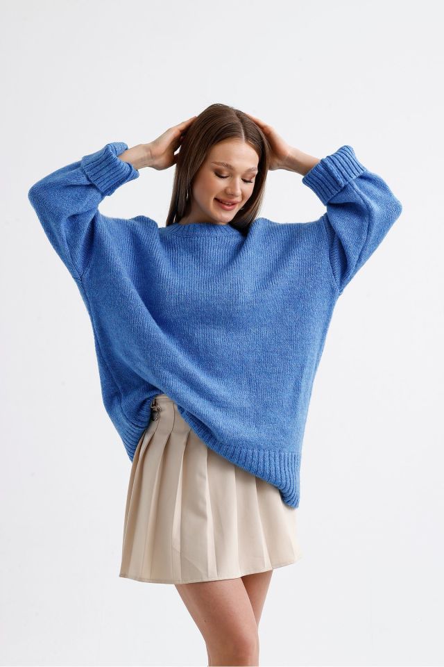 Oversize Basic Uzun Kadın Kazak MAVİ - Standart