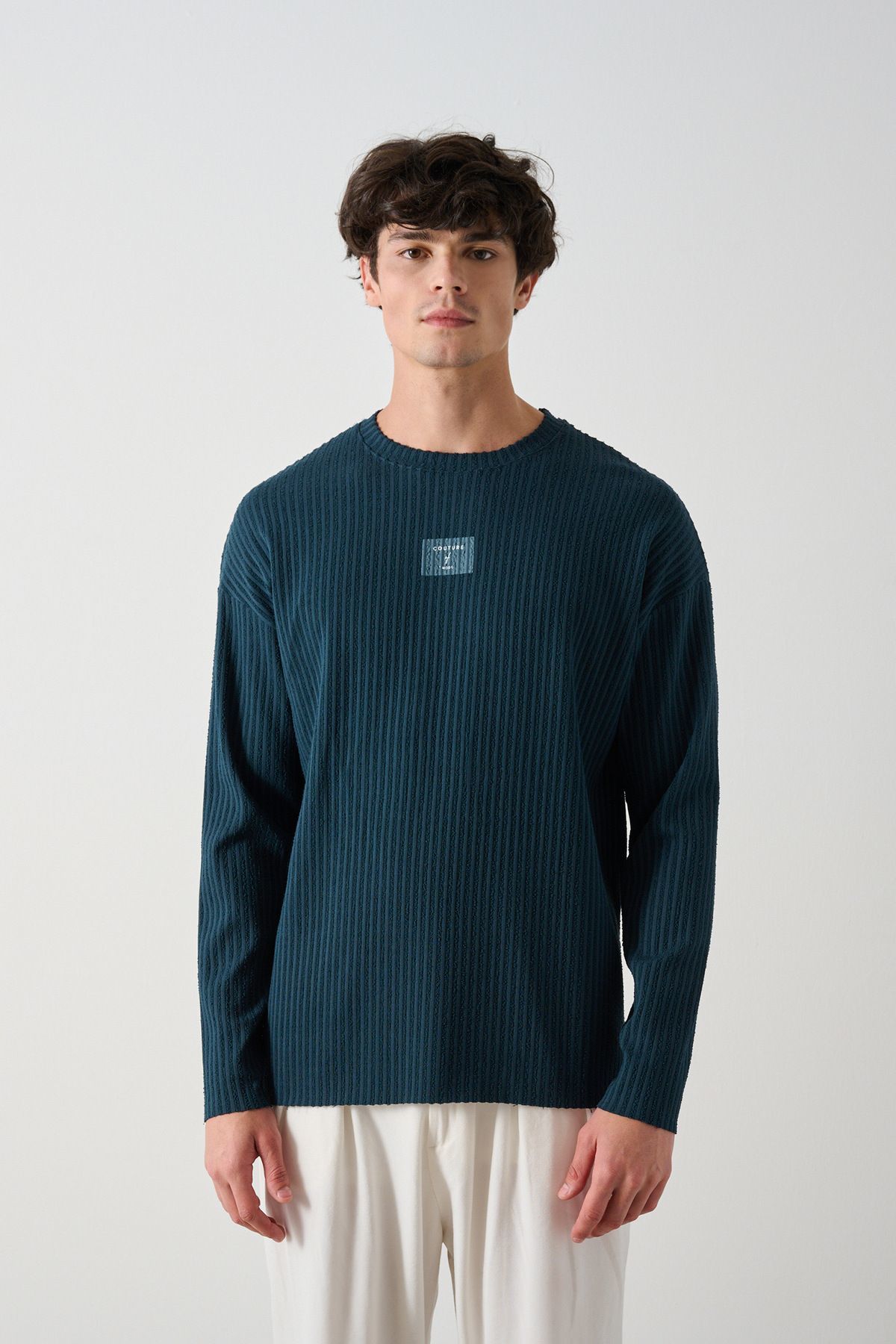 Fitilli Ön Detay Oversize Erkek Sweatshirt İNDİGO - L