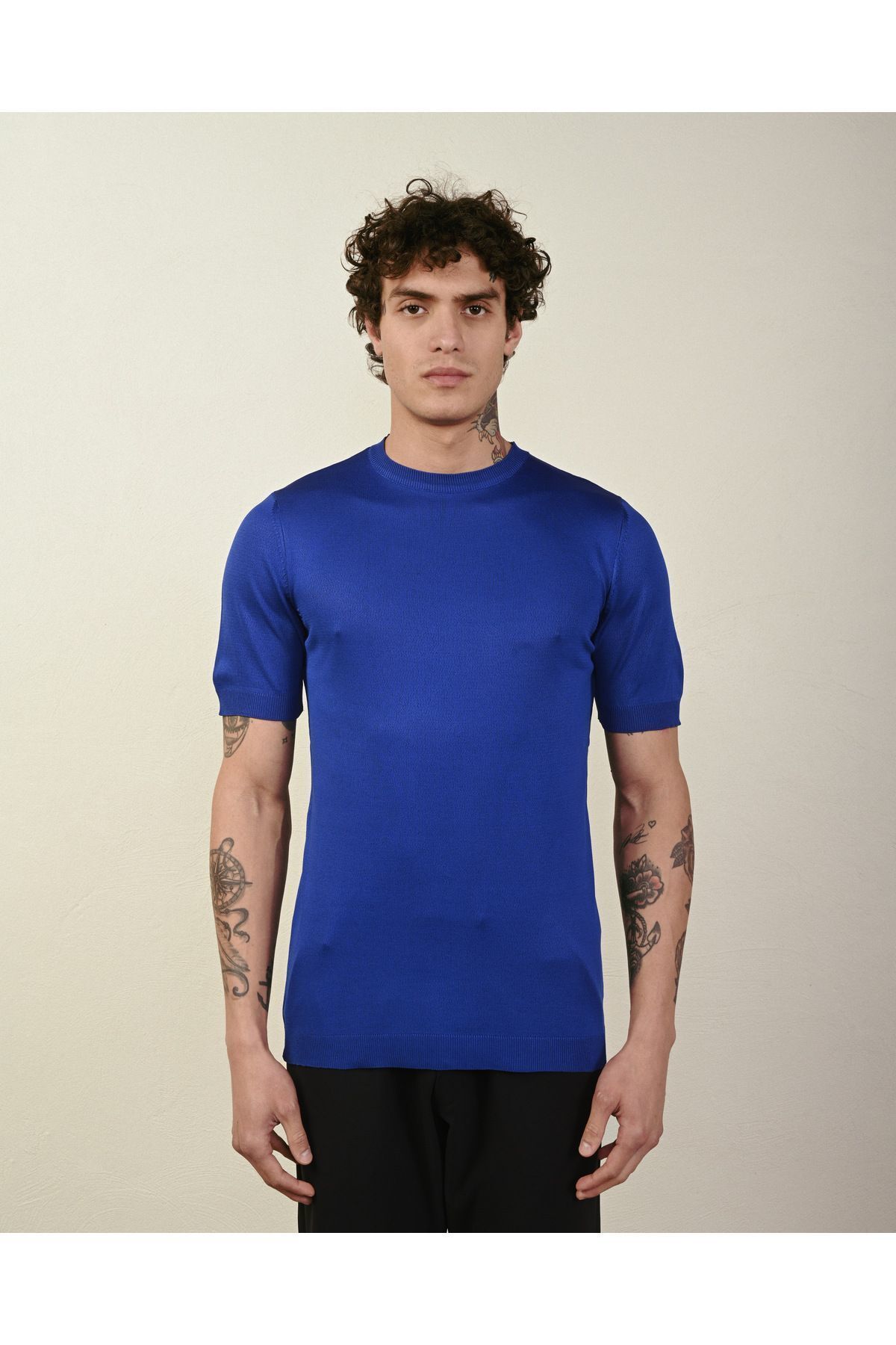 Dar Kesim Basic Erkek Triko Tshirt Saks - M