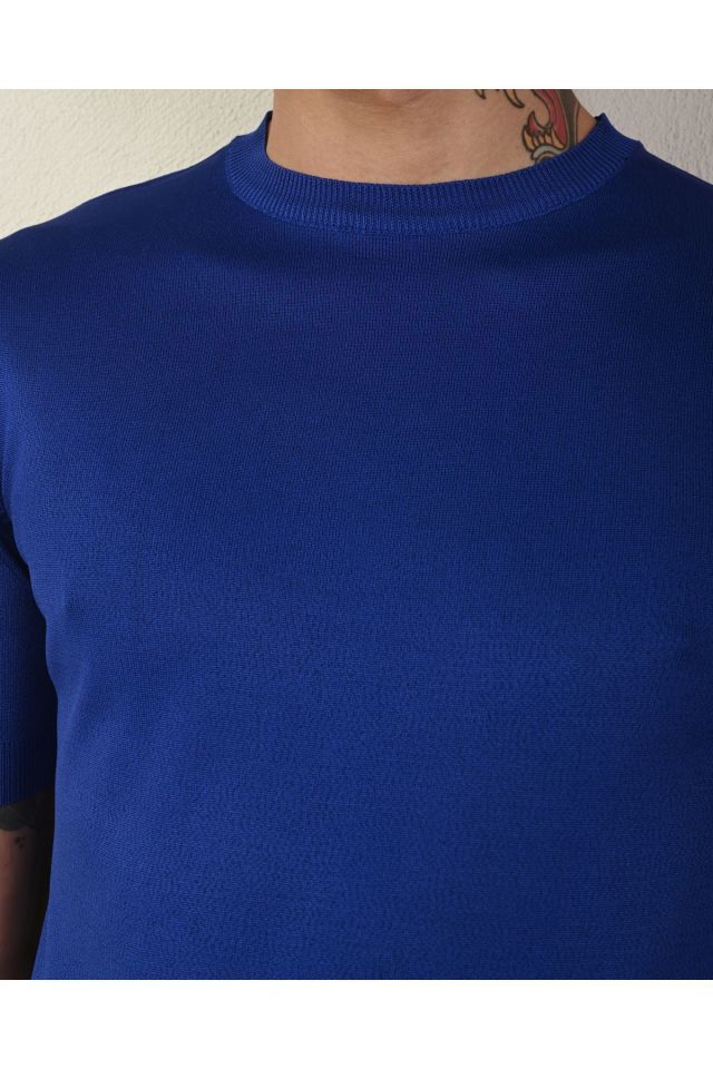 Dar Kesim Basic Erkek Triko Tshirt Saks - M