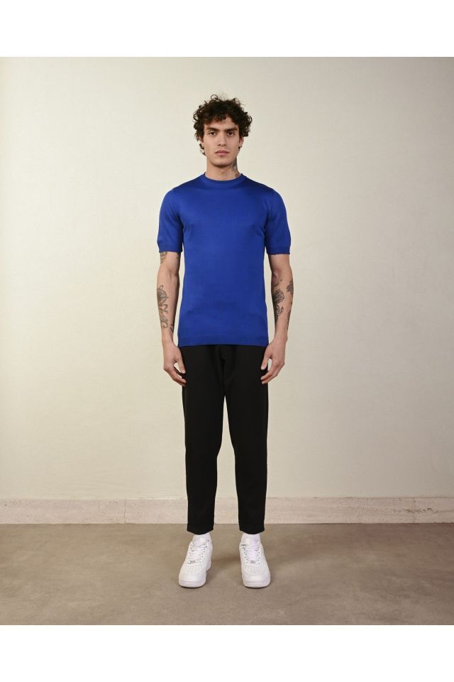 Dar Kesim Basic Erkek Triko Tshirt Saks - M