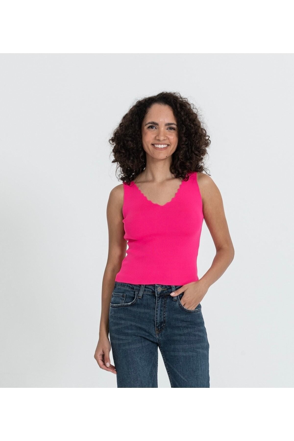 Kesik Yaka Esnek Kadın Triko T-shirt PEMBE