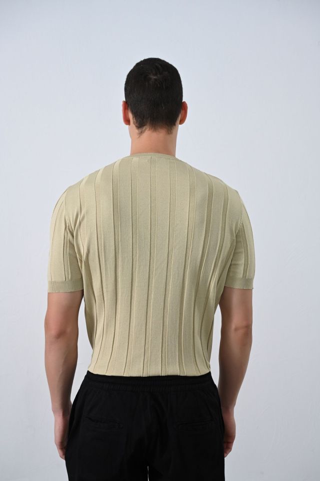 Premium Şeritli Triko T-shirt VİZON - XL