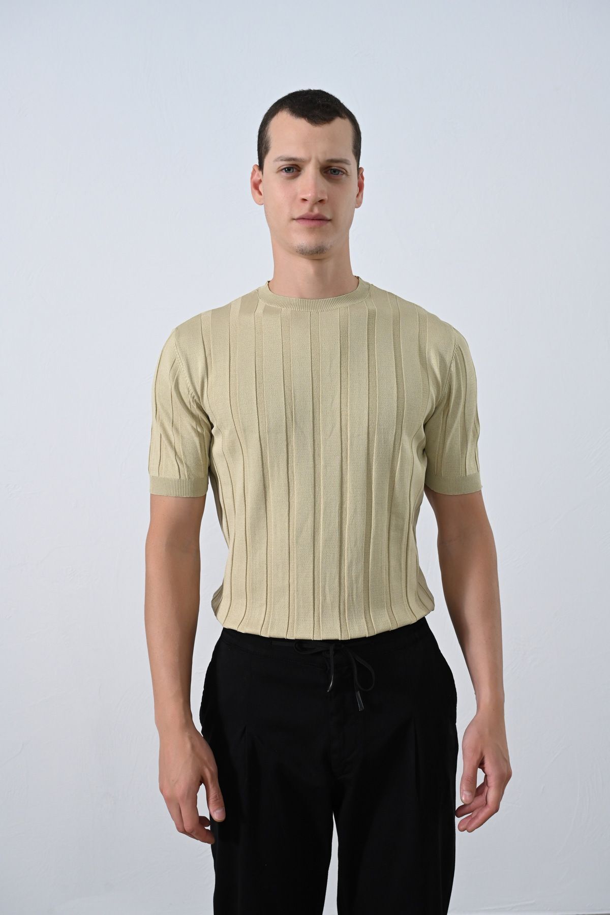Premium Şeritli Triko T-shirt VİZON - XL