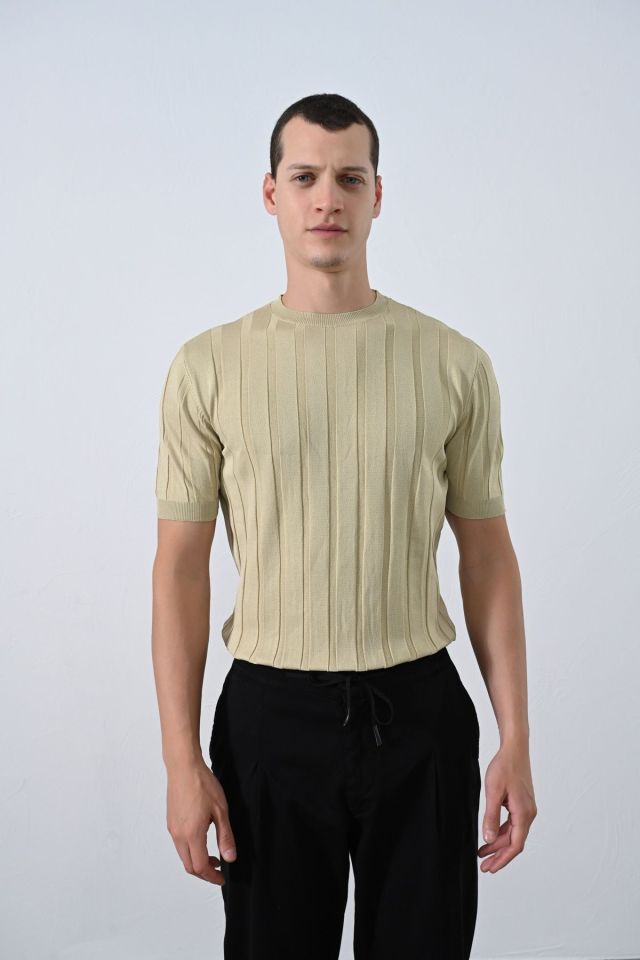 Premium Şeritli Triko T-shirt VİZON - XL
