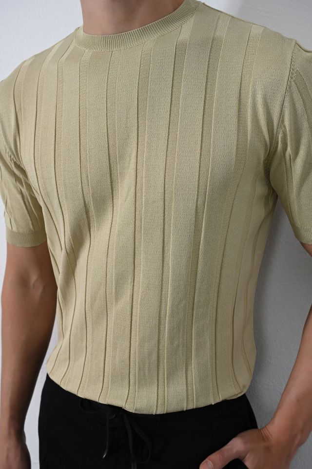 Premium Şeritli Triko T-shirt VİZON - XL