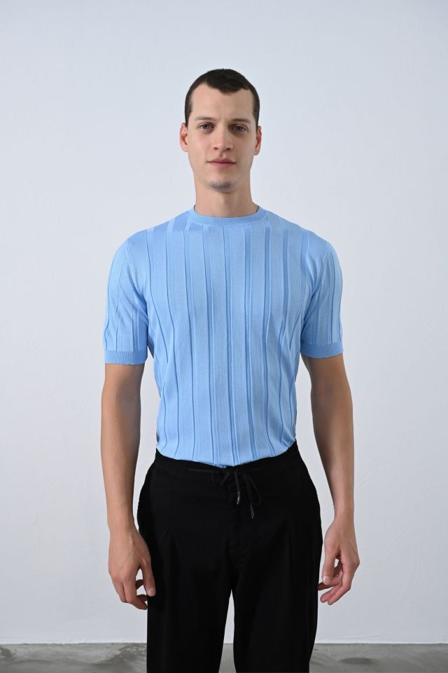 Premium Şeritli Triko T-shirt BEBE MAVİ - M