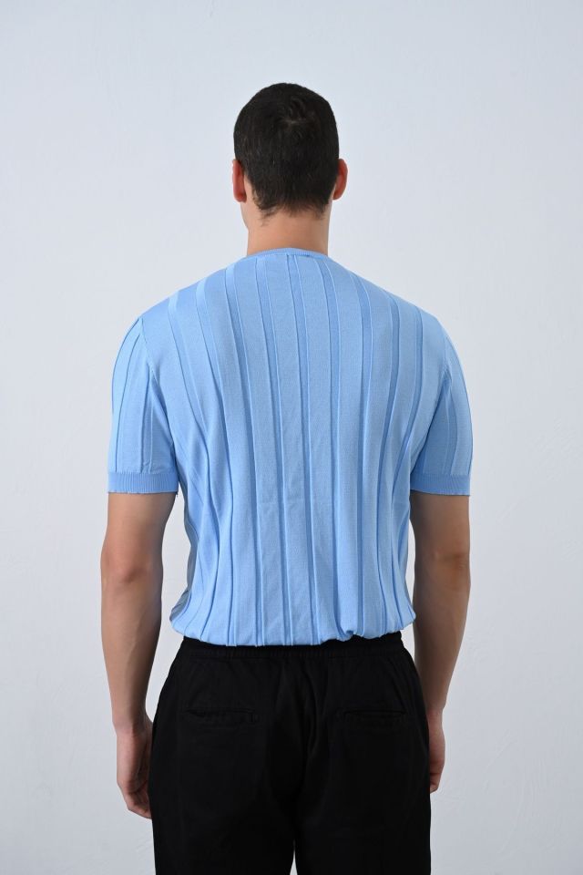 Premium Şeritli Triko T-shirt BEBE MAVİ - M