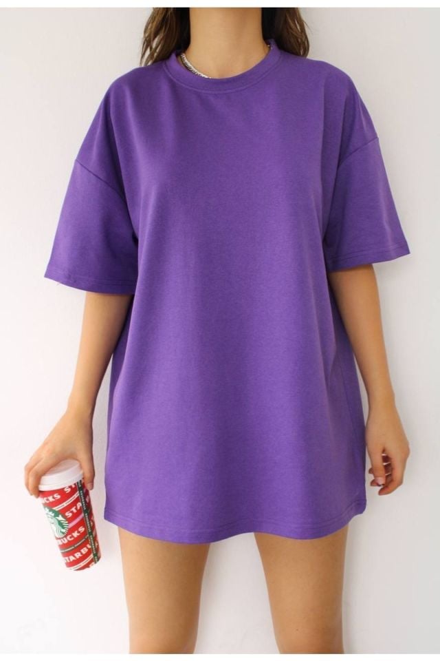 Pamuklu Unisex Oversize Basic T-shirt AÇIK MOR - L