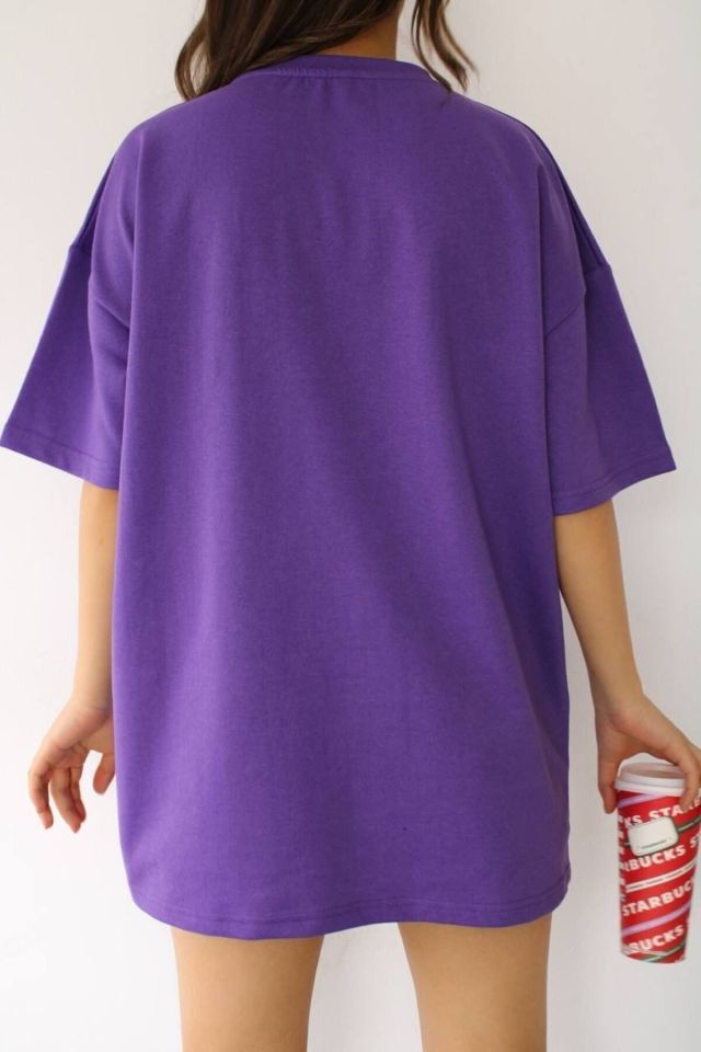 Pamuklu Unisex Oversize Basic T-shirt AÇIK MOR - L